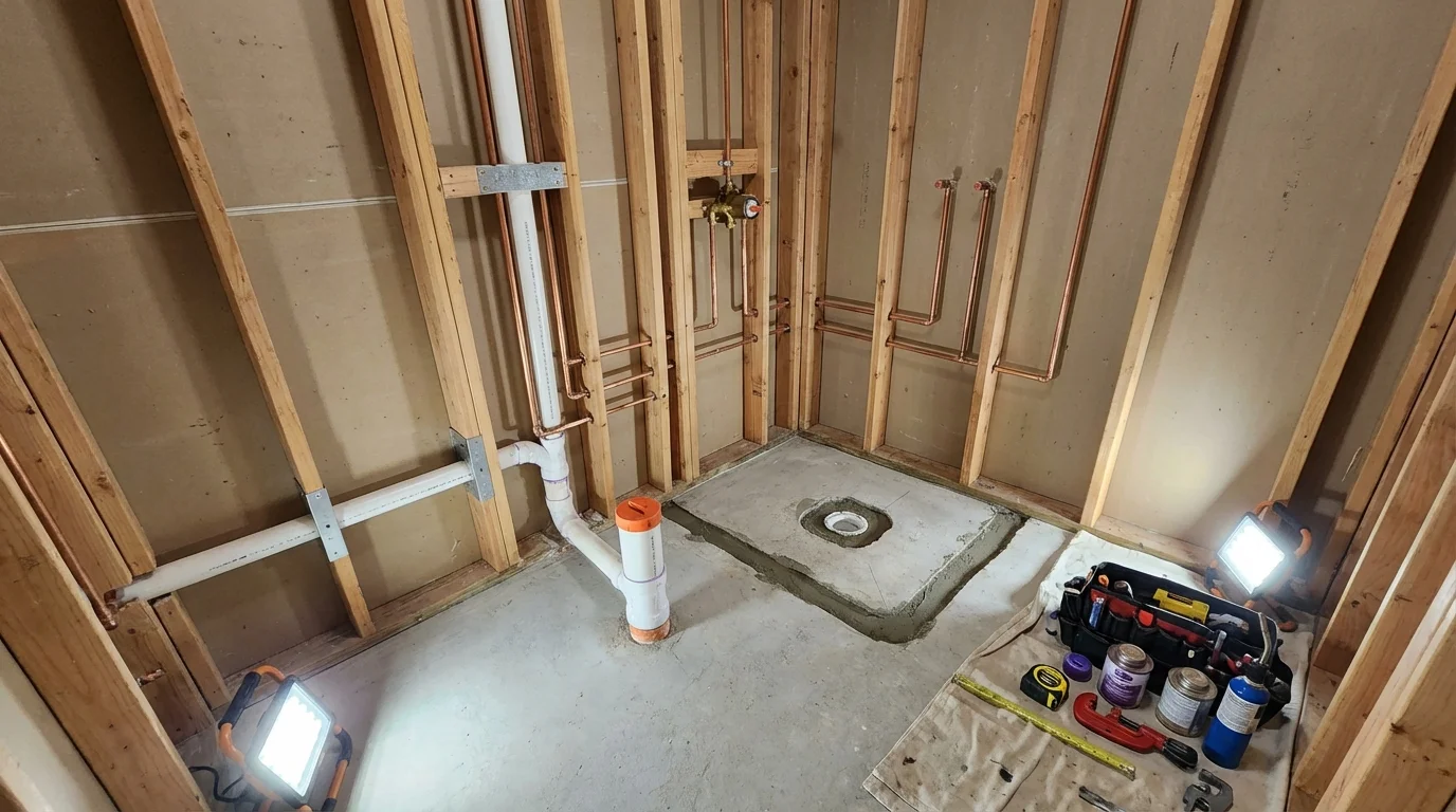 Bathroom rough-in plumbing during remodel by Johns Plumbing LLC in Ward