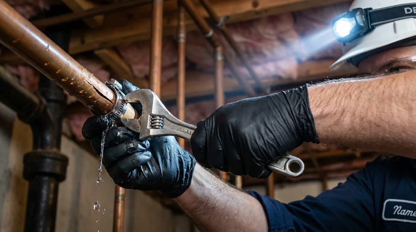 Emergency pipe clamp repair being performed by a Johns Plumbing LLC plumber in Ward