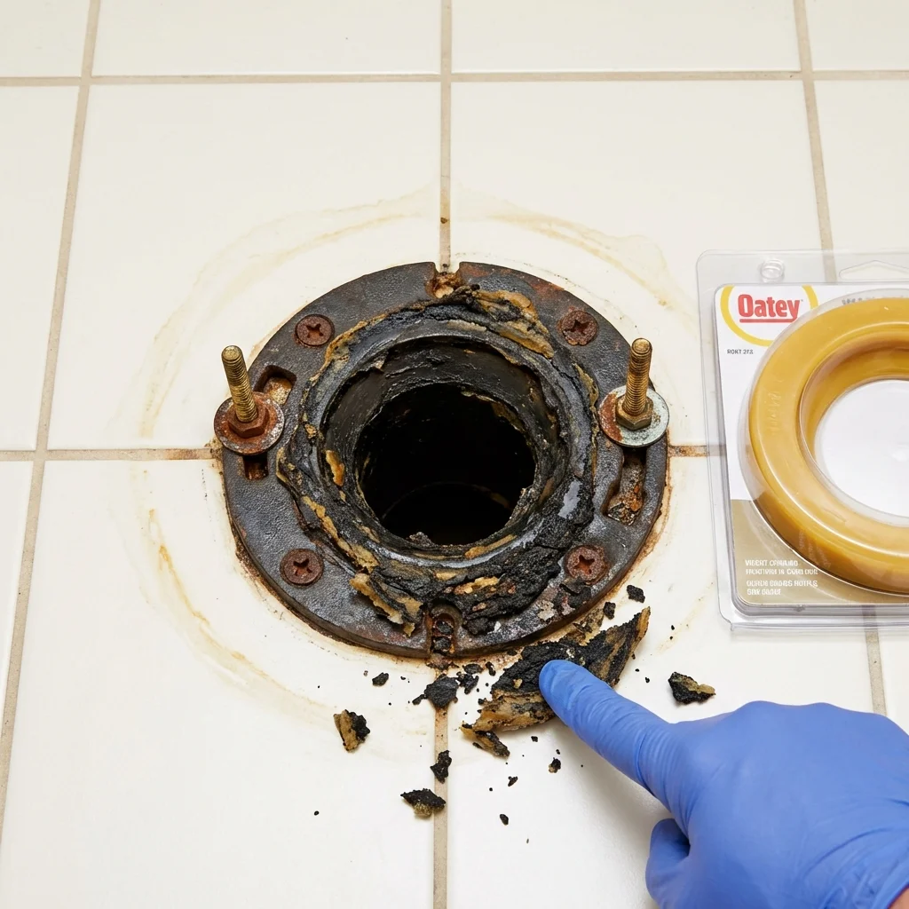 Failed wax ring showing water seepage at the base of a toilet in a Ward, AR home