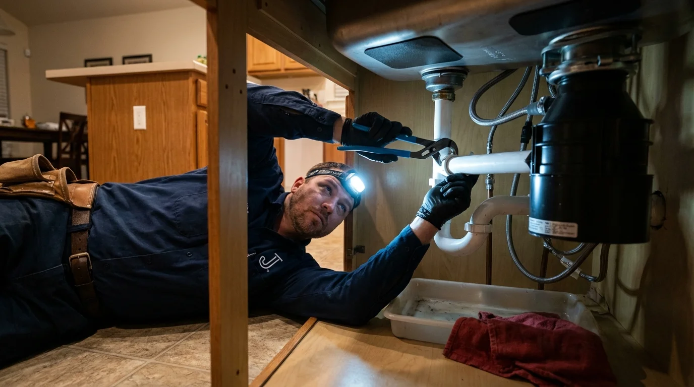 P-trap and supply line connections under a kitchen sink showing a common leak point in Ward, AR